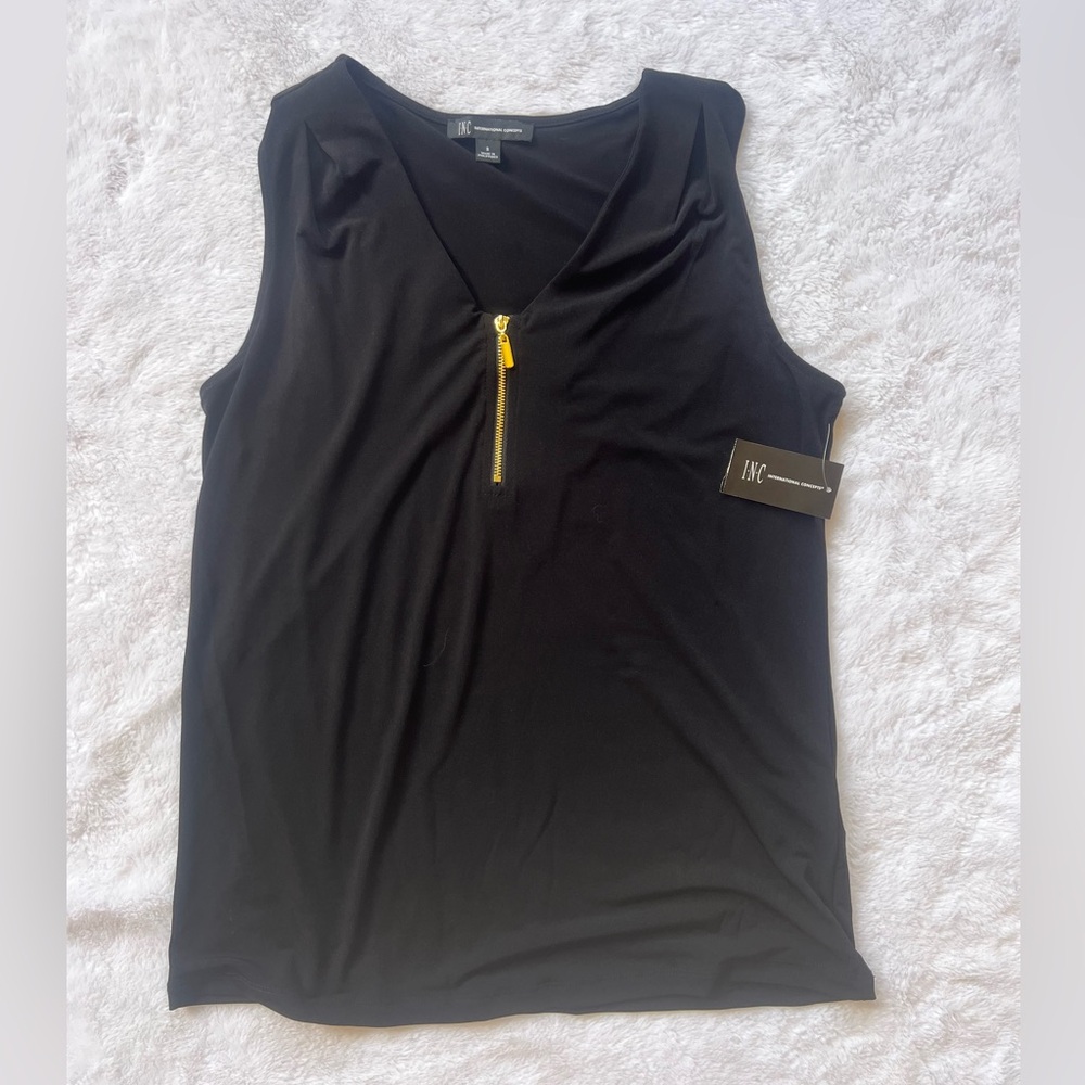 INC International Concepts, Black Tank with Gold Zipper Detail, Size Small